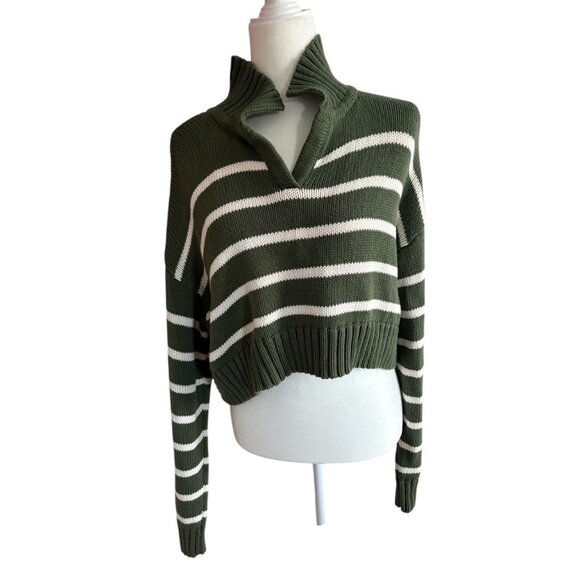 L.A. Hearts Green & White Striped Cropped Slouchy Cotton Sweater Size Medium - Picture 3 of 5